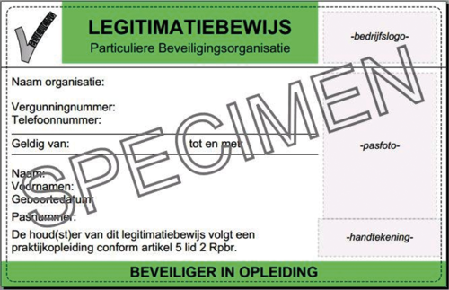 Voorbeeld van de groene beveiligingspas voor beveiligers in opleiding