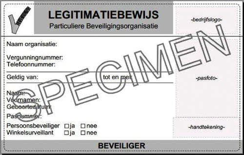 Voorbeeld van de grijze beveiligingspas voor beveiligers die gediplomeerd zijn